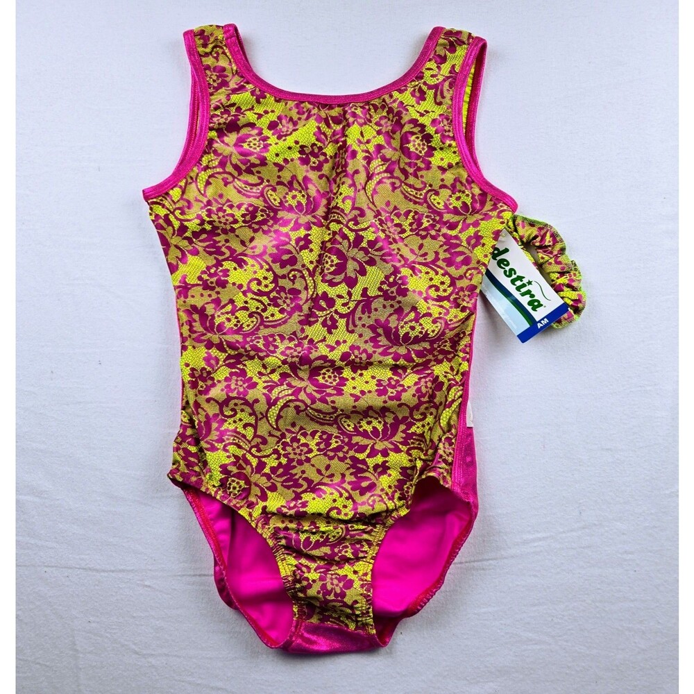 NWT Destira Wrap Back Yellow Fuchsia Berry Lace Gymnastics Leotard AM Scrunchie